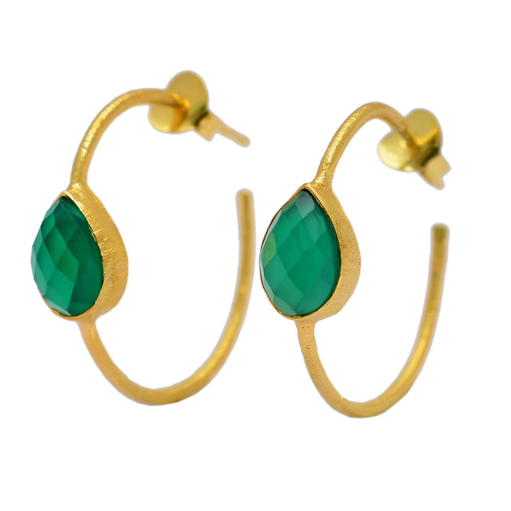 Gold hoop earrings with emerald teardrop stones