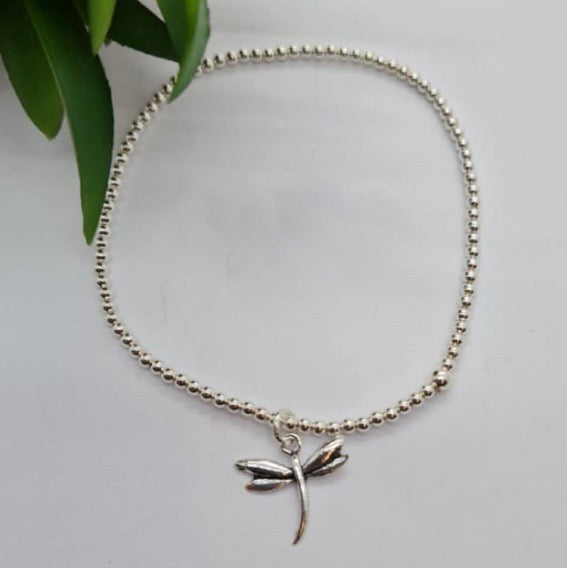 Sterling Silver 3 Mm Ball Elastic Bracelet With Dragonfly