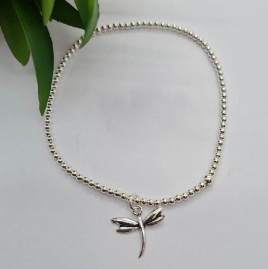 Sterling silver 3 mm ball elastic bracelet with dragonfly