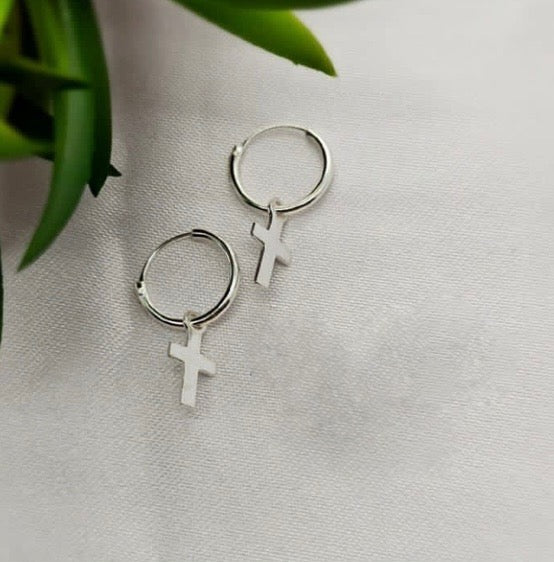 Sterling Silver Sleepers With Cross Charms
