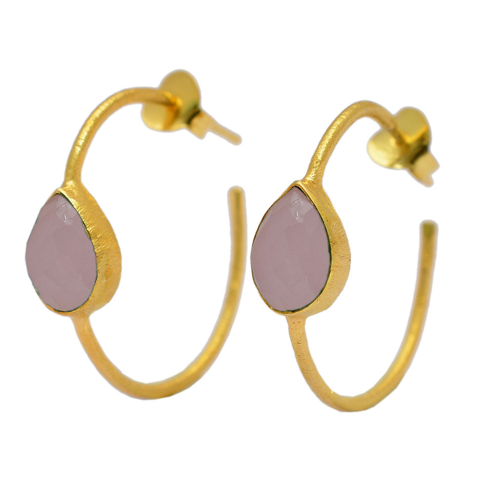 Rose Quarts teardrop stones in golden hoop earrings
