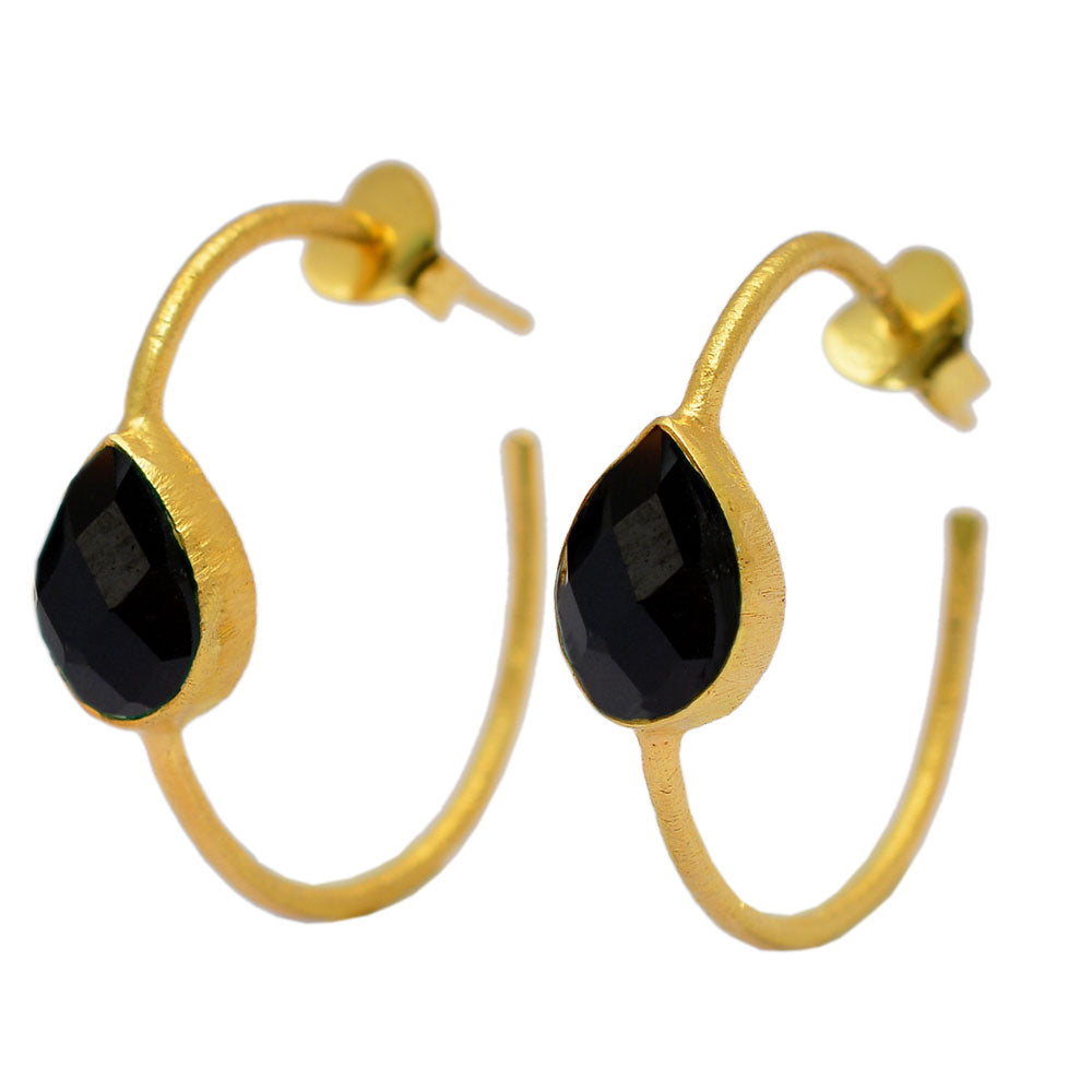 Black Onyx teardrop stone in golden hoop earrings