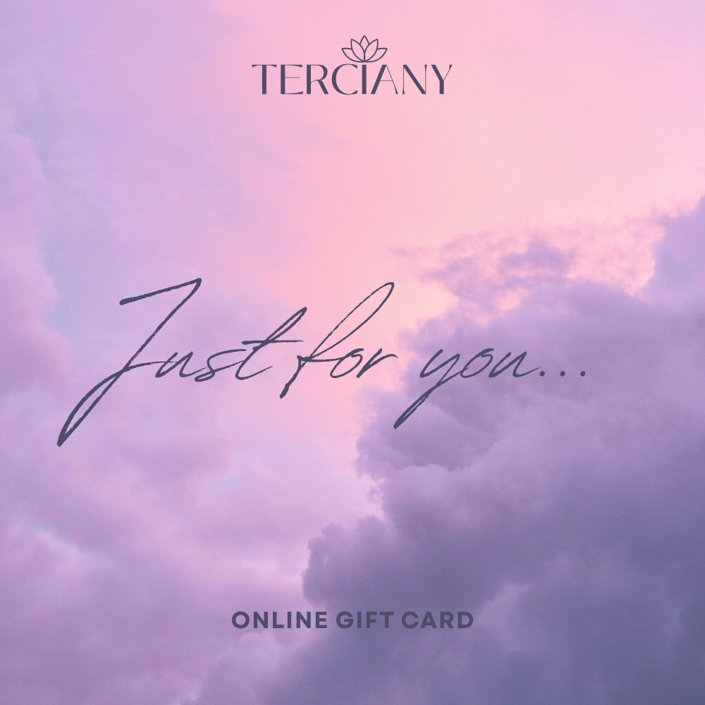 Terciany online gift card with 'Just for you...' text on a pink and purple gradient background.