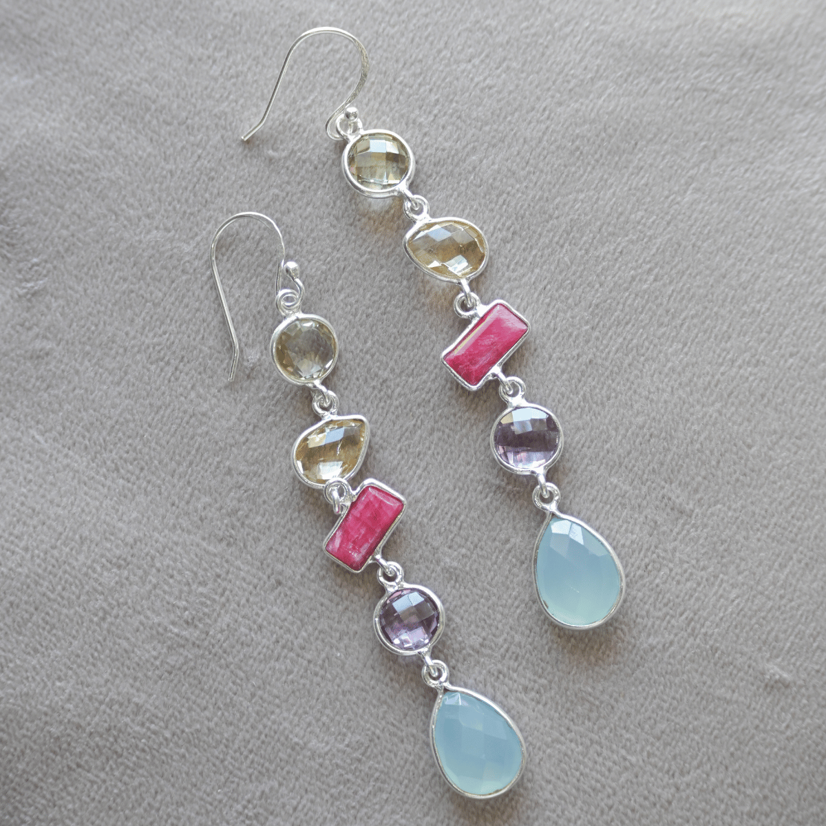 Five semi precious stone drop earrings
