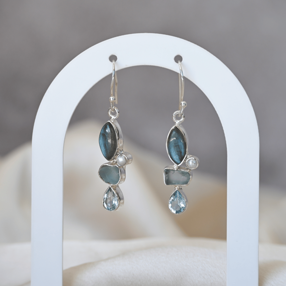 Semi precious stone and freshwater pearl drop earrings
