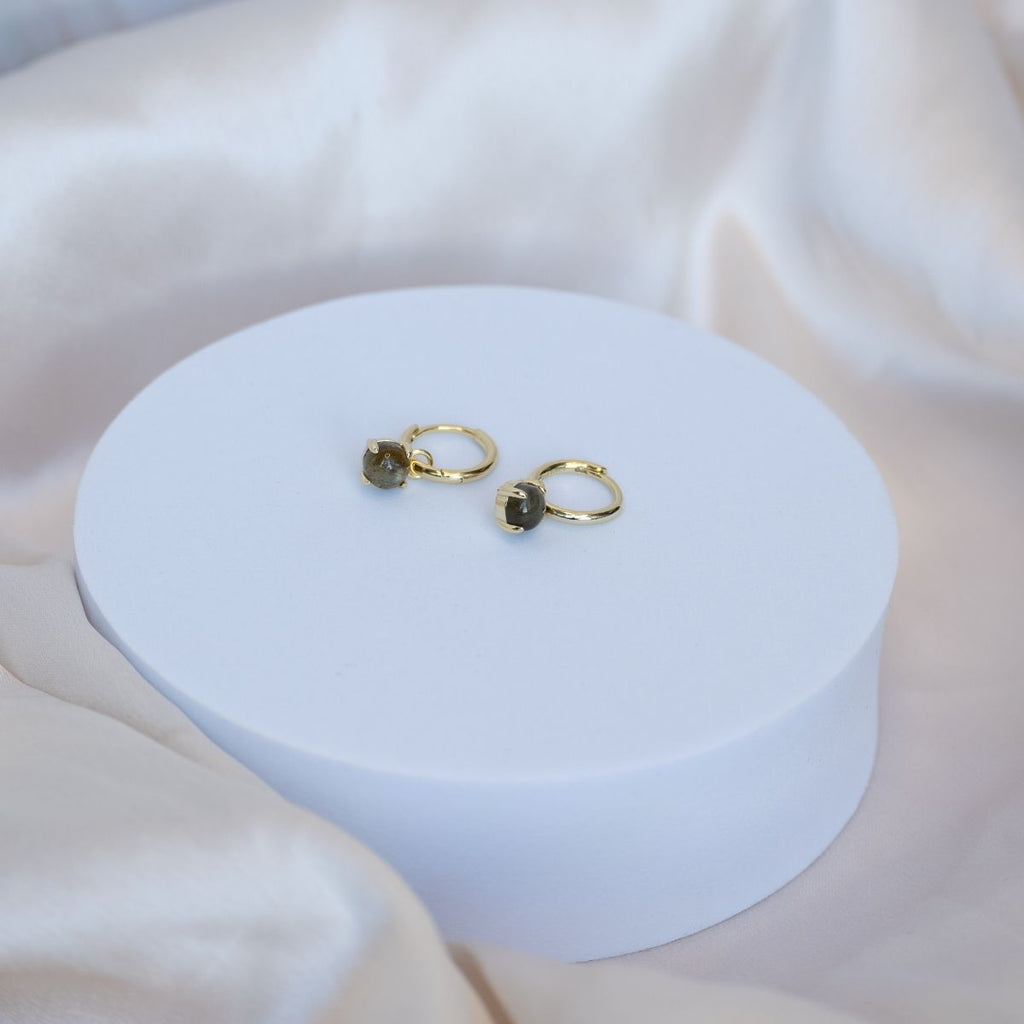Dangly Labradorite on Gold Huggy earrings
