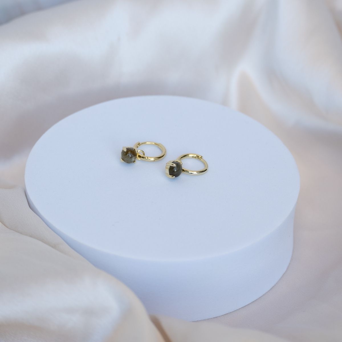 Dangly Labradorite on Gold Huggy earrings