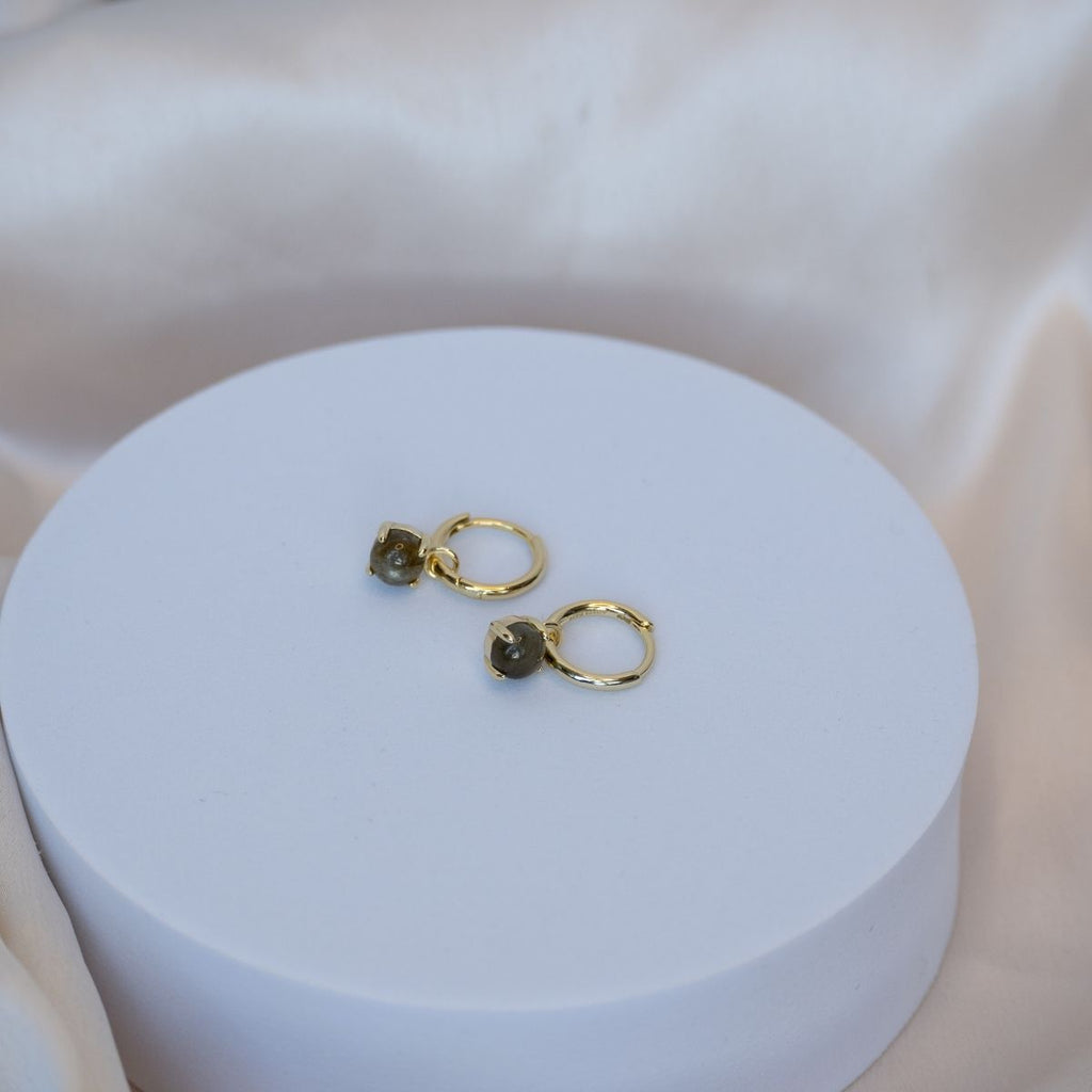 Dangly Labradorite on Gold Huggy earrings