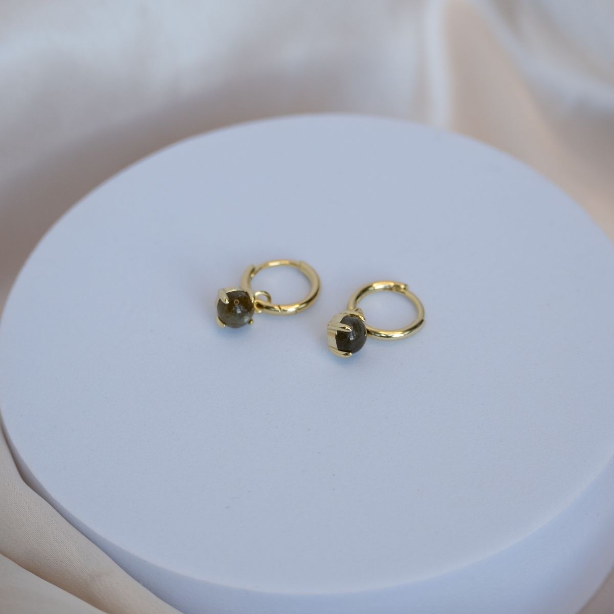 Dangly Labradorite on Gold Huggy earrings