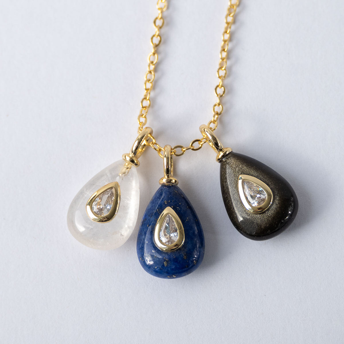 White Quartz, Lapis Lazuli and Golden Obsidian Tripple Teardrop Necklace