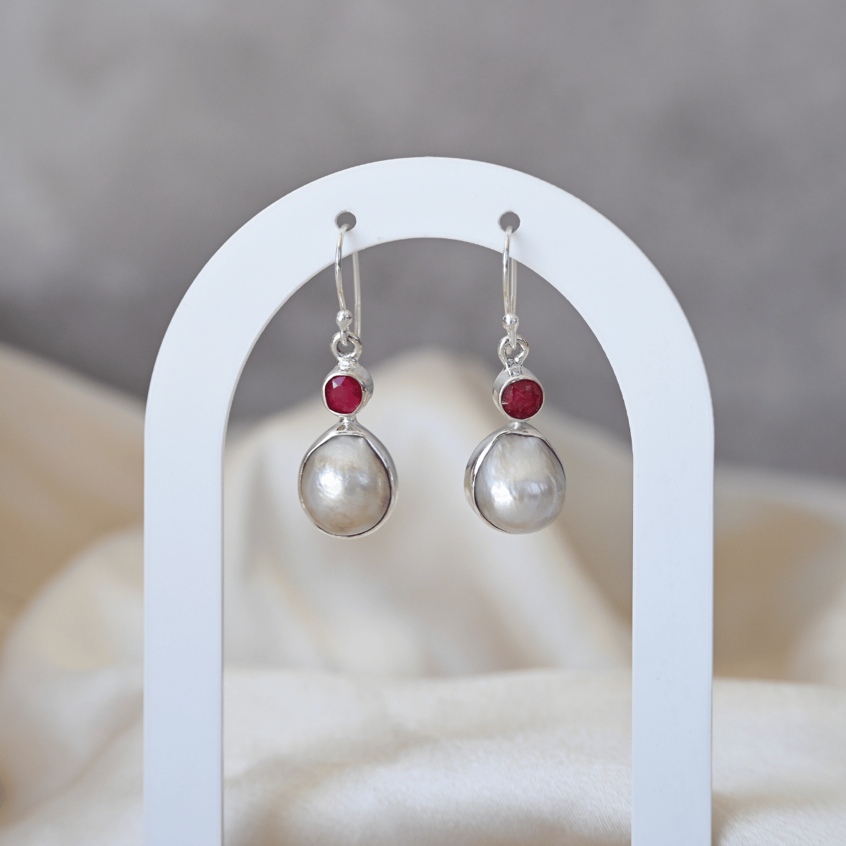 Ruby and freshwater pearl drop earrings