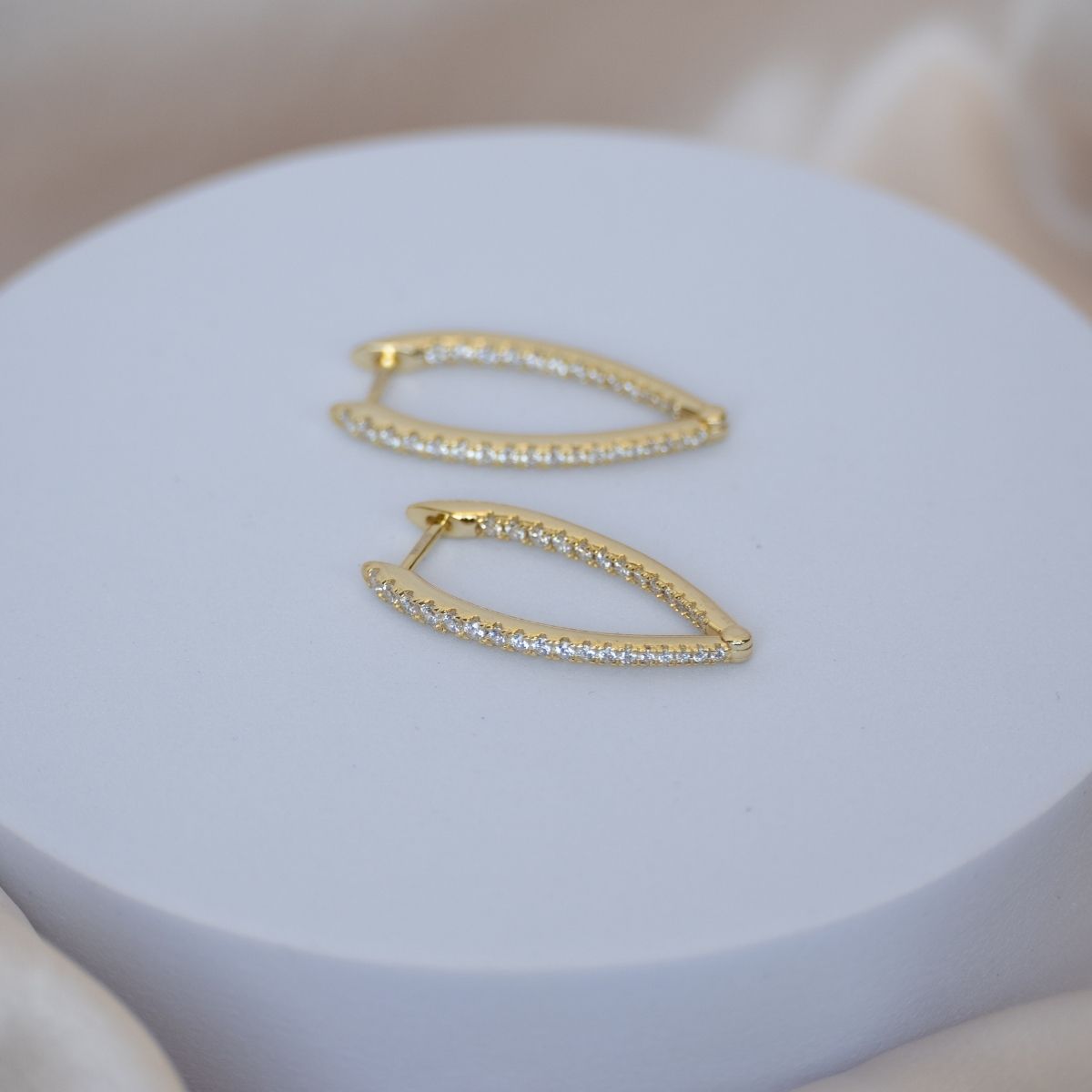 Gold Triangle Huggy earrings with Bling Front side