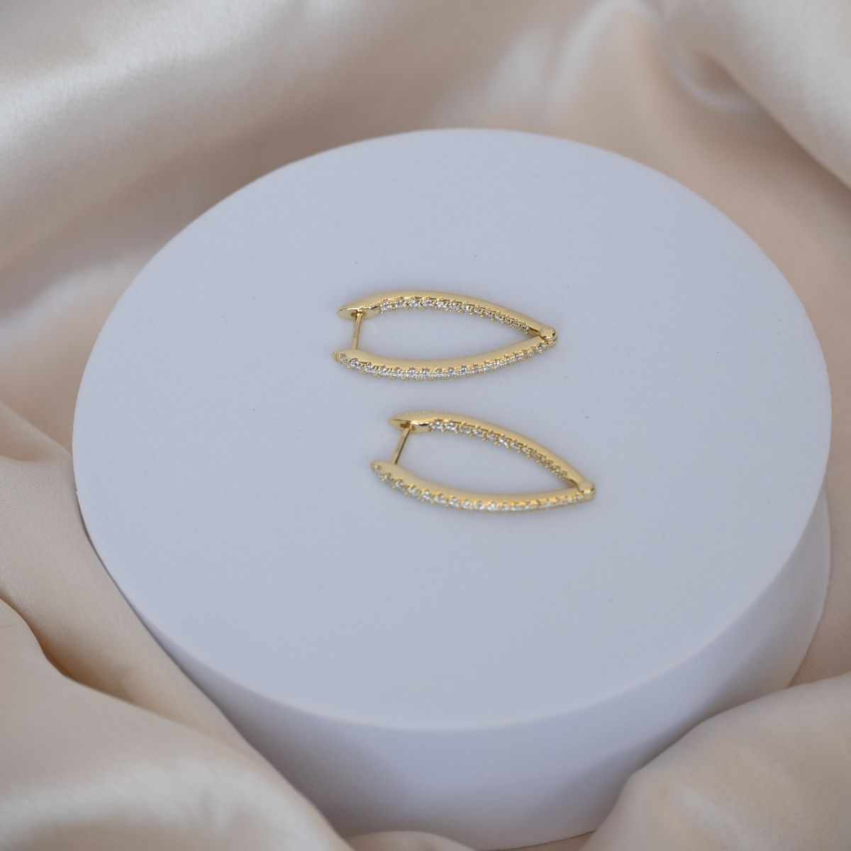 Gold Triangle Huggy earrings with Bling Front side