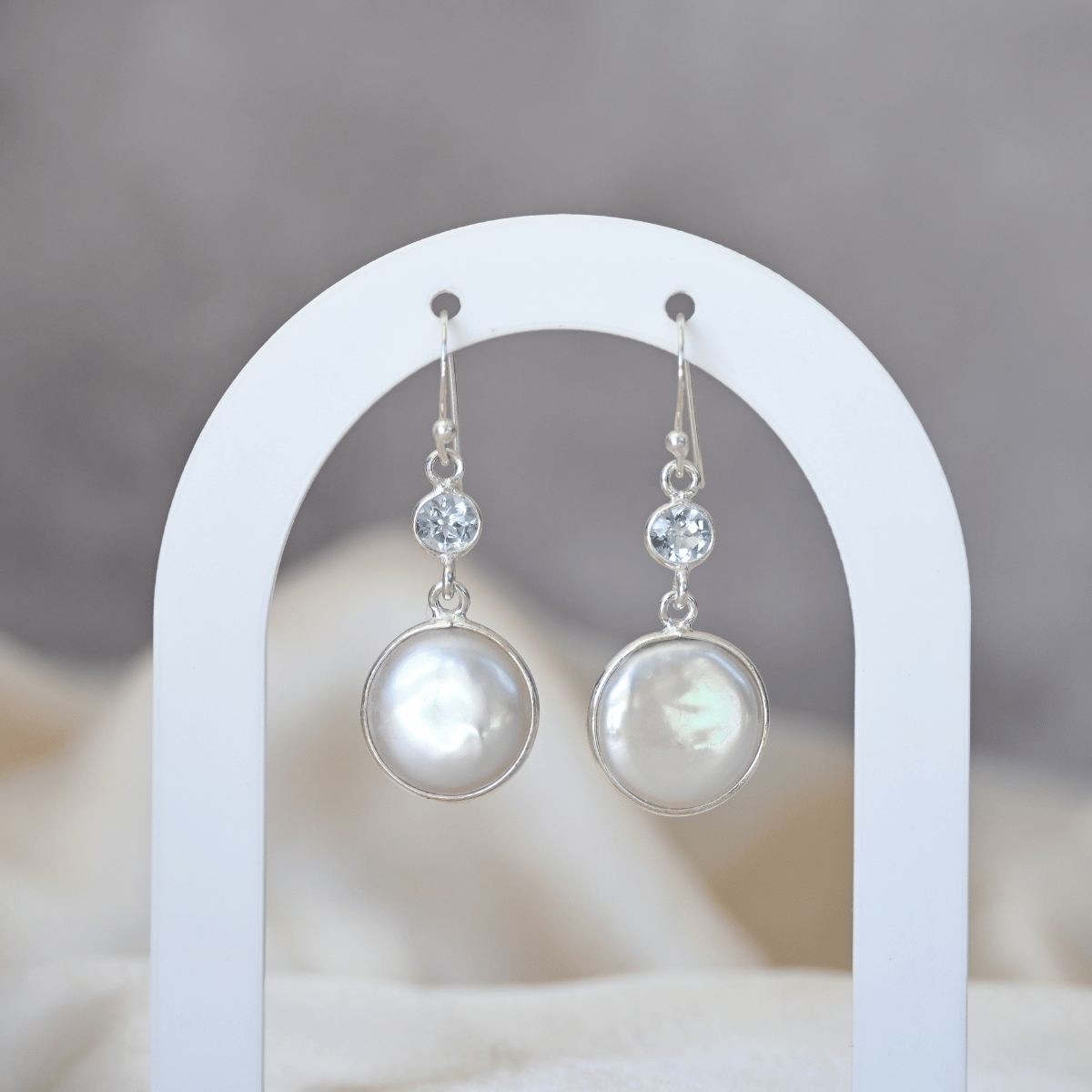 Coin Pearl and Blue topaz drop earrings