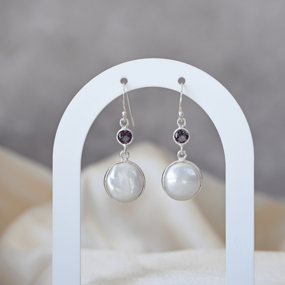 Coin pearl and Smoky topaz stone drop earrings