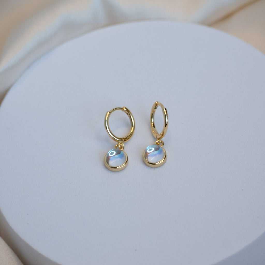 Natural Piedra Luna dangly drop on Gold Huggy earrings - Terciany 
