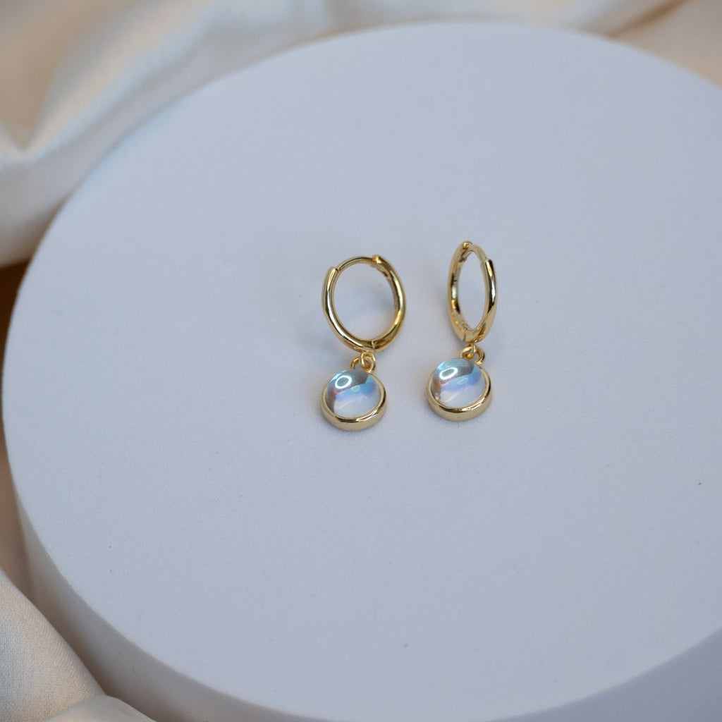 Natural Piedra Luna dangly drop on Gold Huggy earrings - Terciany 