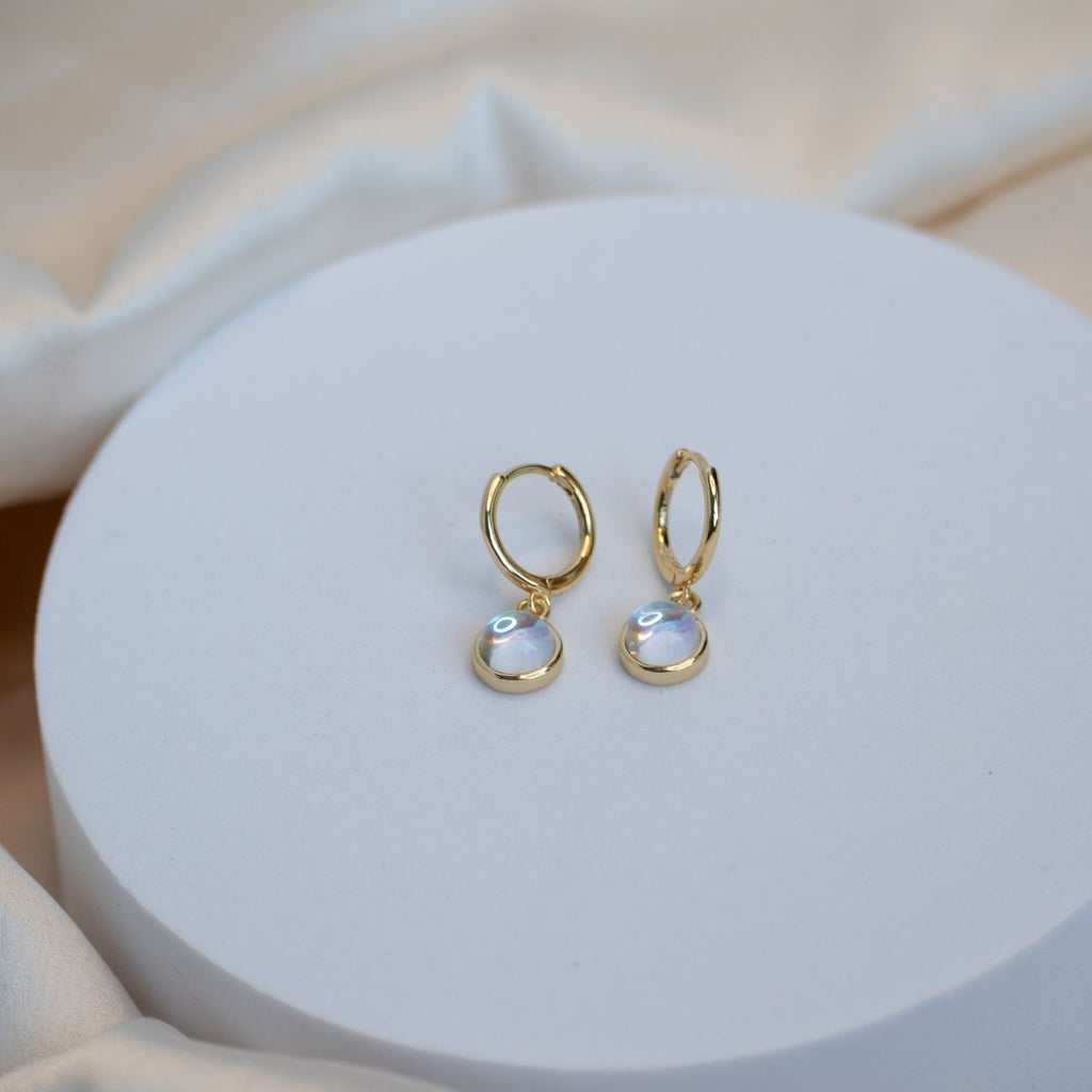 Natural Piedra Luna dangly drop on Gold Huggy earrings - Terciany 