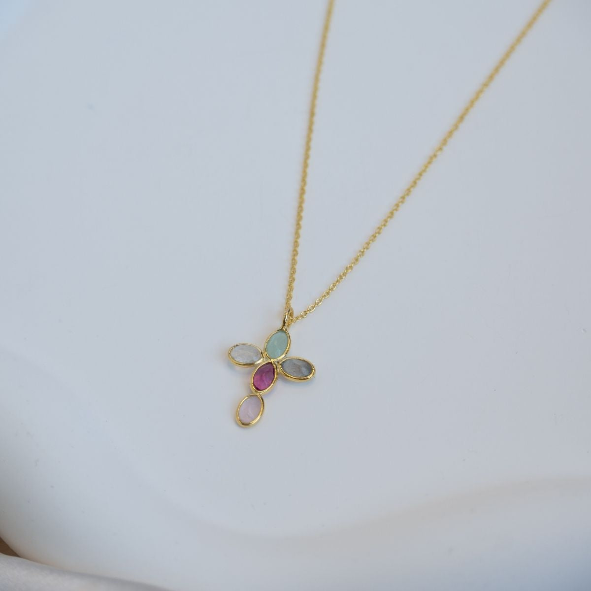 Semi Precious Stone Gold Cross Necklace - Terciany 