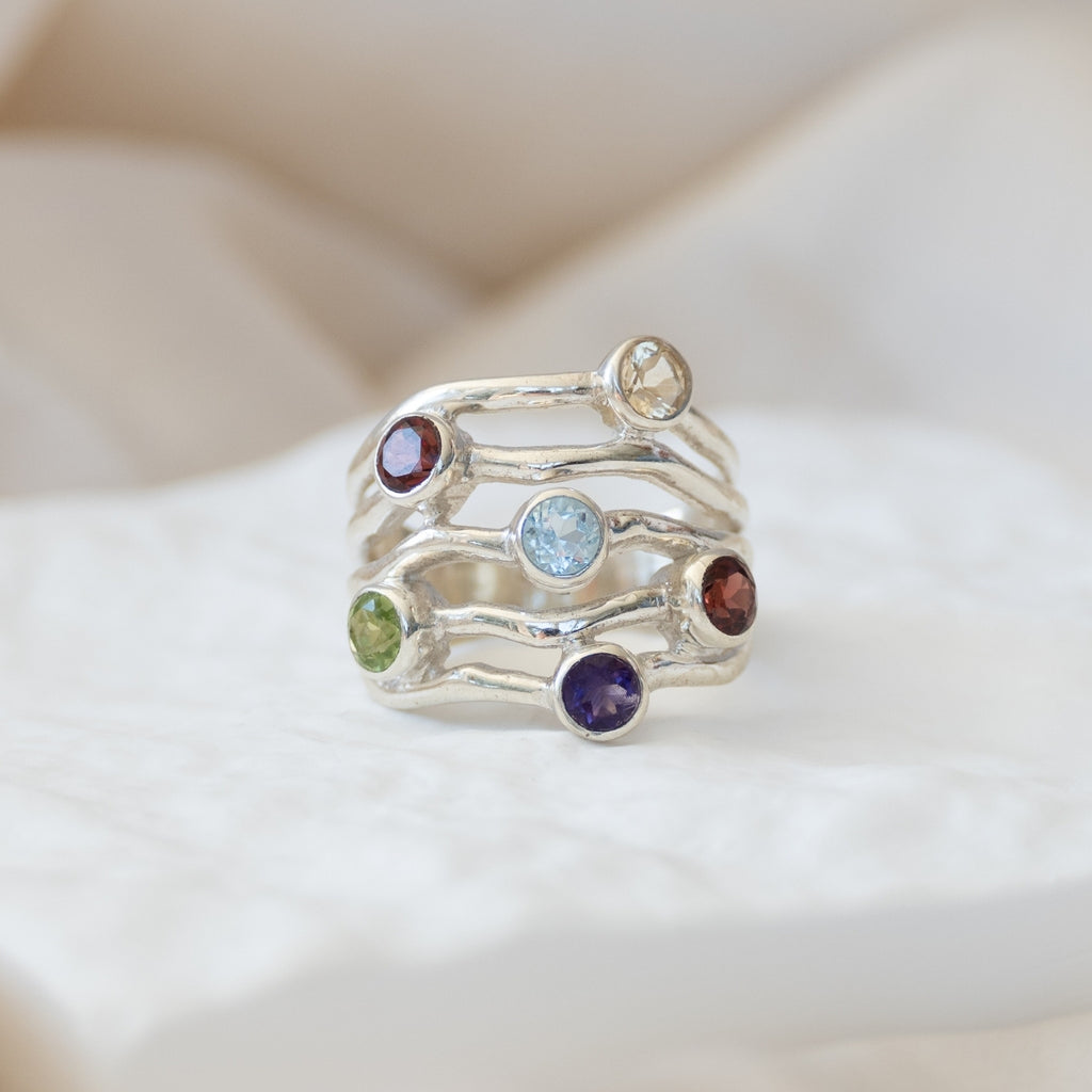 Spider web six semi precious stone ring - Terciany 