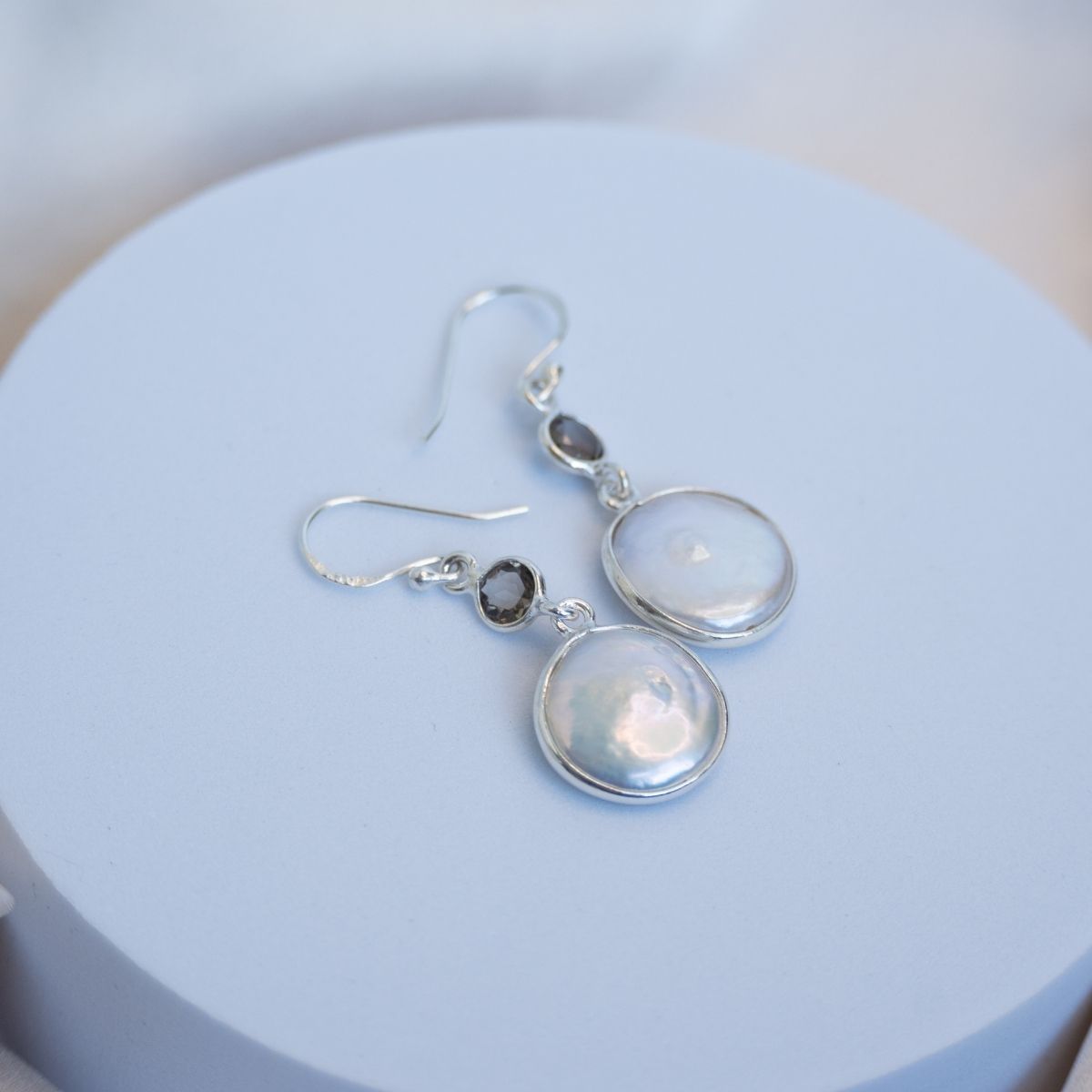 Smokey topaz and Coin pearl drop earrings