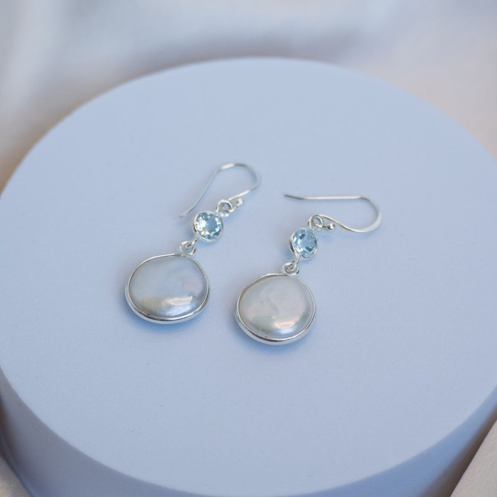 Coin Pearl and Blue topaz drop earrings