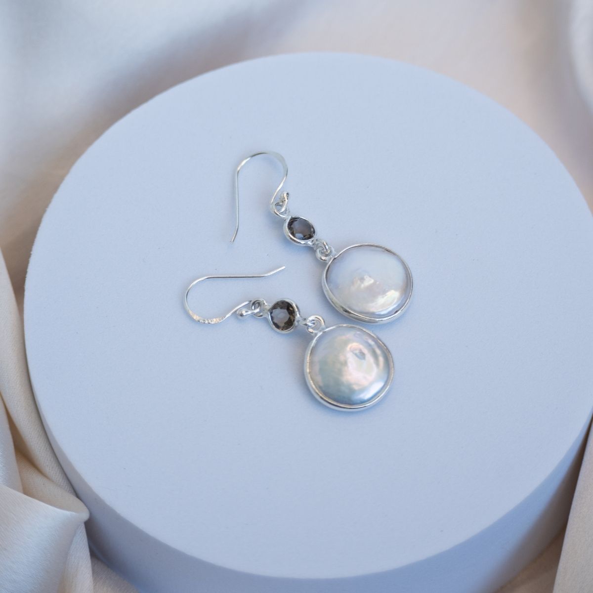 Smokey topaz and Coin pearl drop earrings