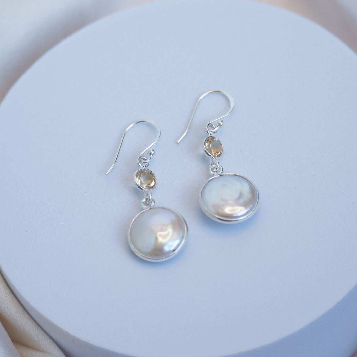 Citrine and Coin pearl mix drop earrings