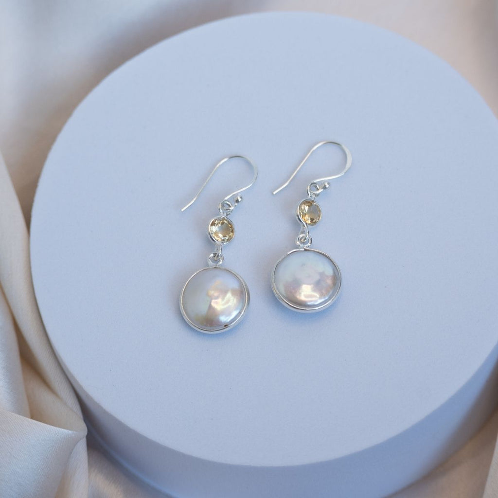Citrine and Coin pearl mix drop earrings