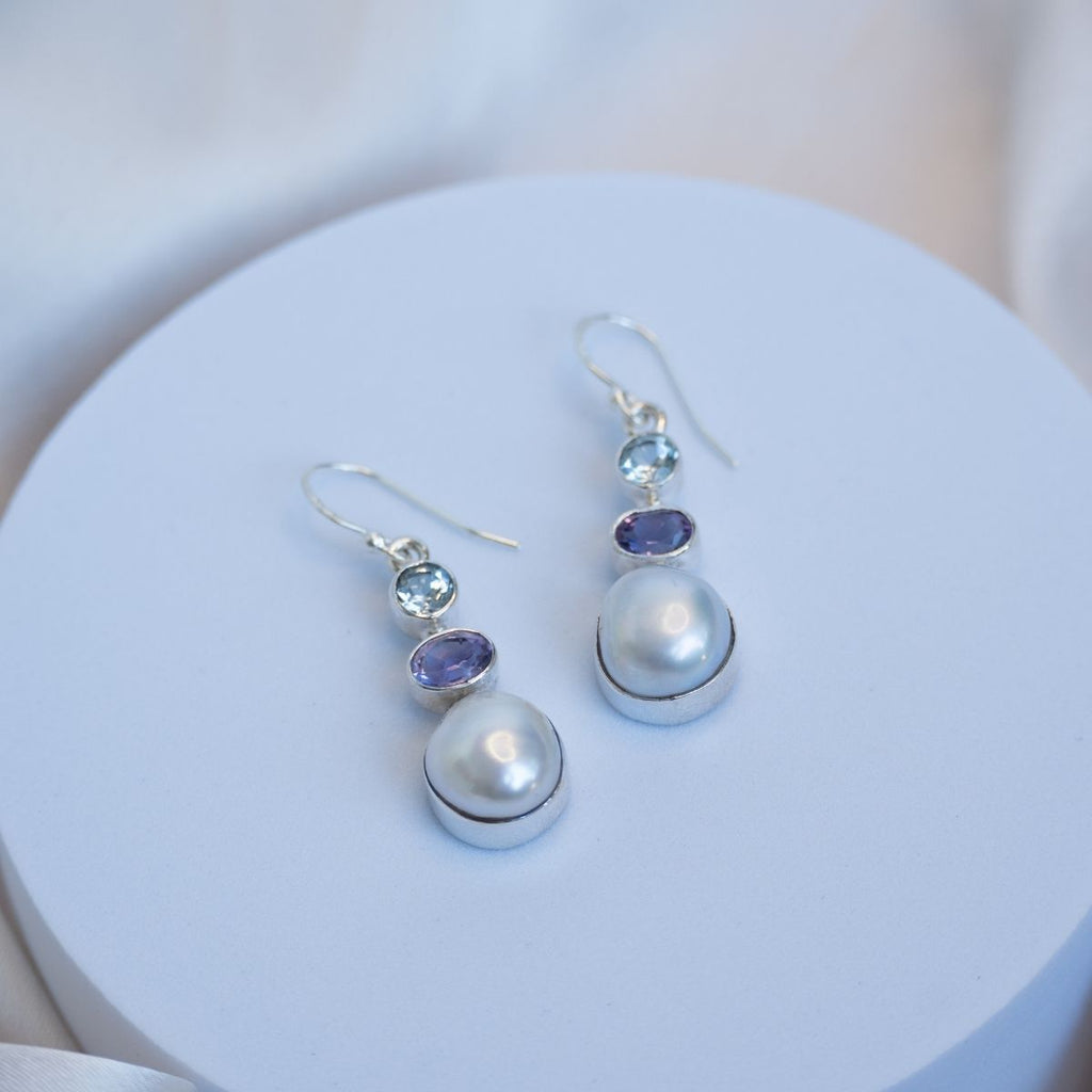 Three drop earrings with Blue Topaz, Amethyst and freshwater pearls - Terciany 