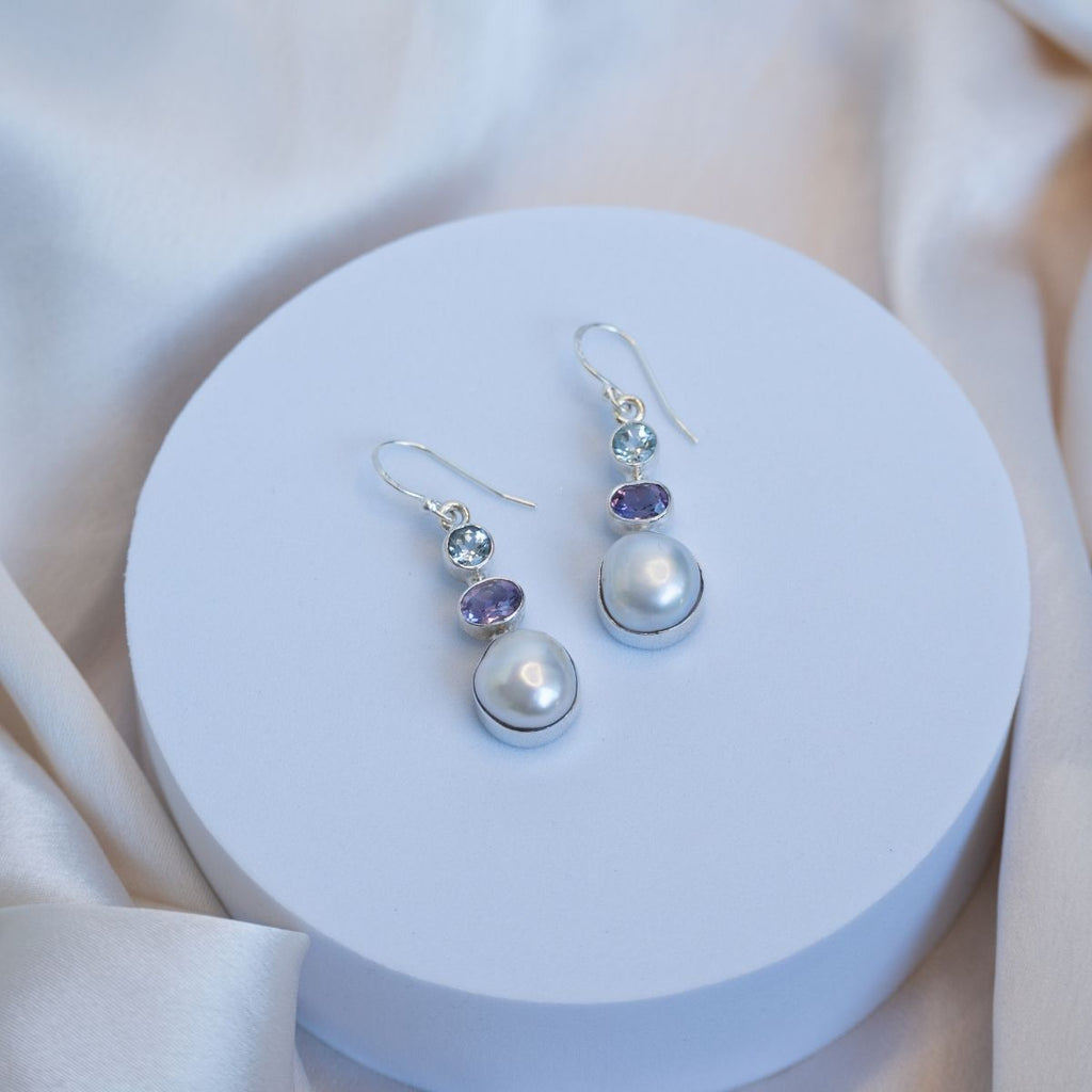 Three drop earrings with Blue Topaz, Amethyst and freshwater pearls - Terciany 