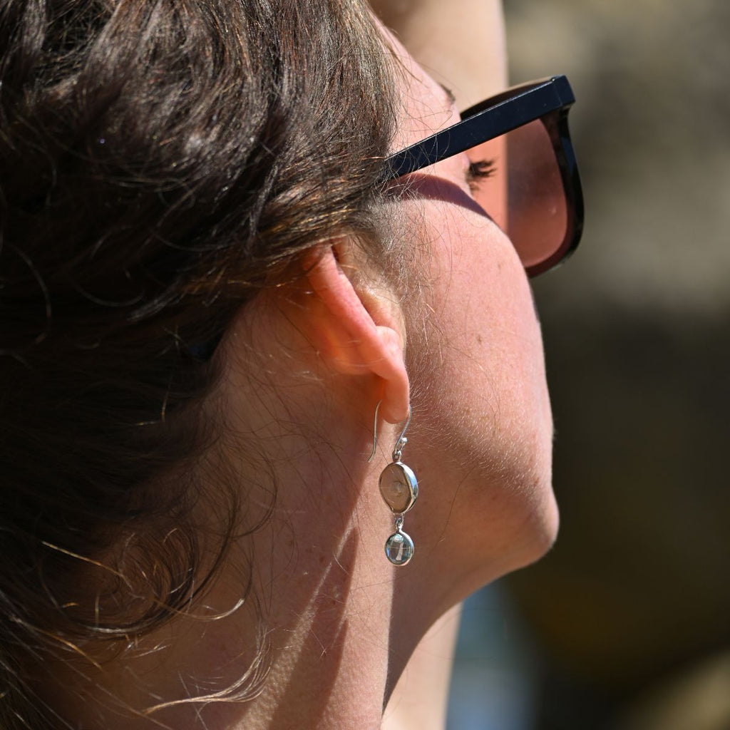 Coin pearl drop earrings with blue Topaz drop