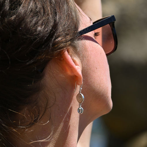 Coin pearl drop earrings with blue Topaz drop