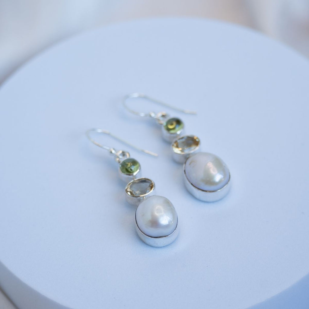Three drop earrings with Green Tourmaline and Citrine and a Freshwater pearl