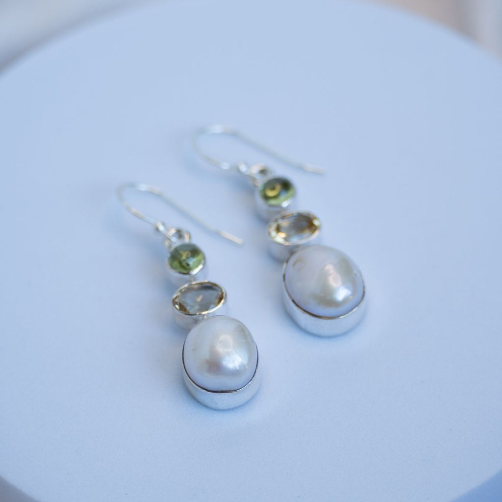 Three drop earrings with Green Tourmaline and Citrine and a Freshwater pearl