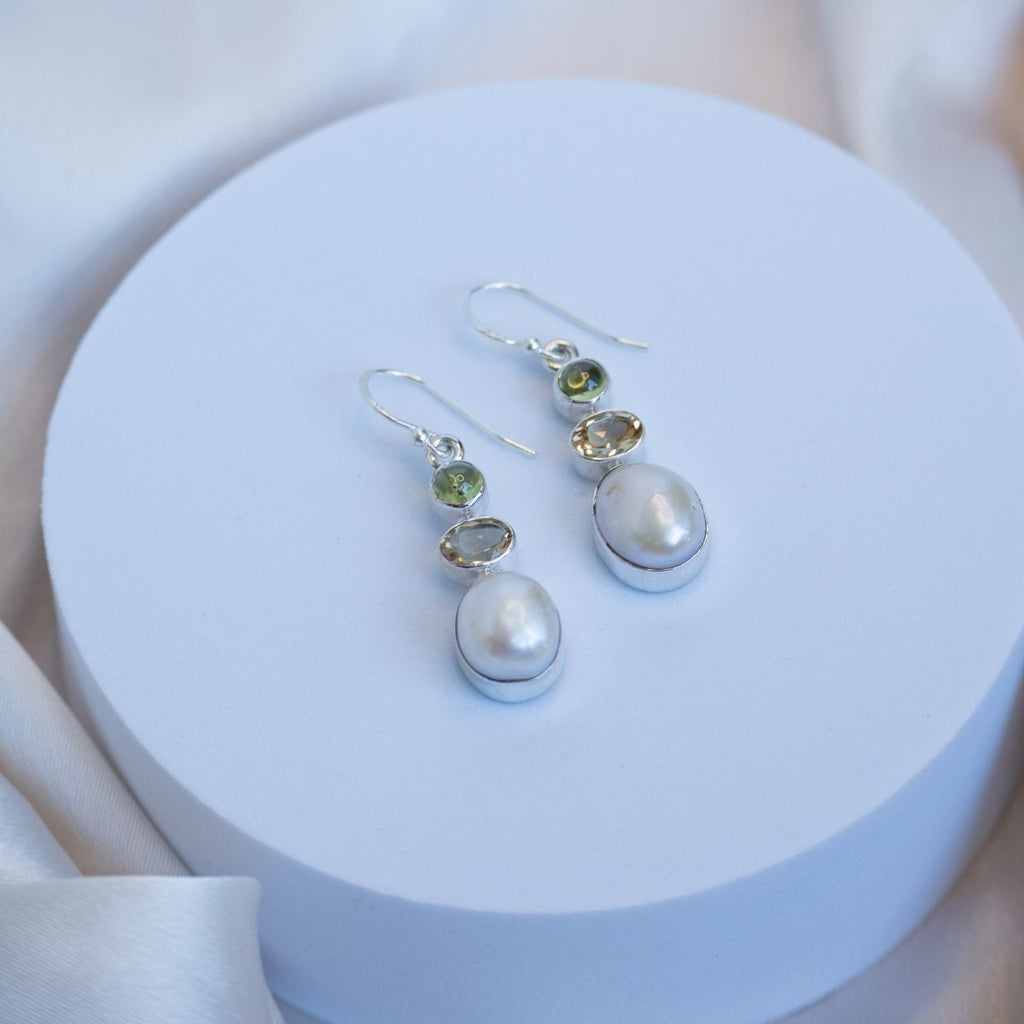 Three drop earrings with Green Tourmaline and Citrine and a Freshwater pearl