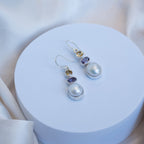 Three drop earrings with Amethyst and Citrine and a freshwater pearl in the drop