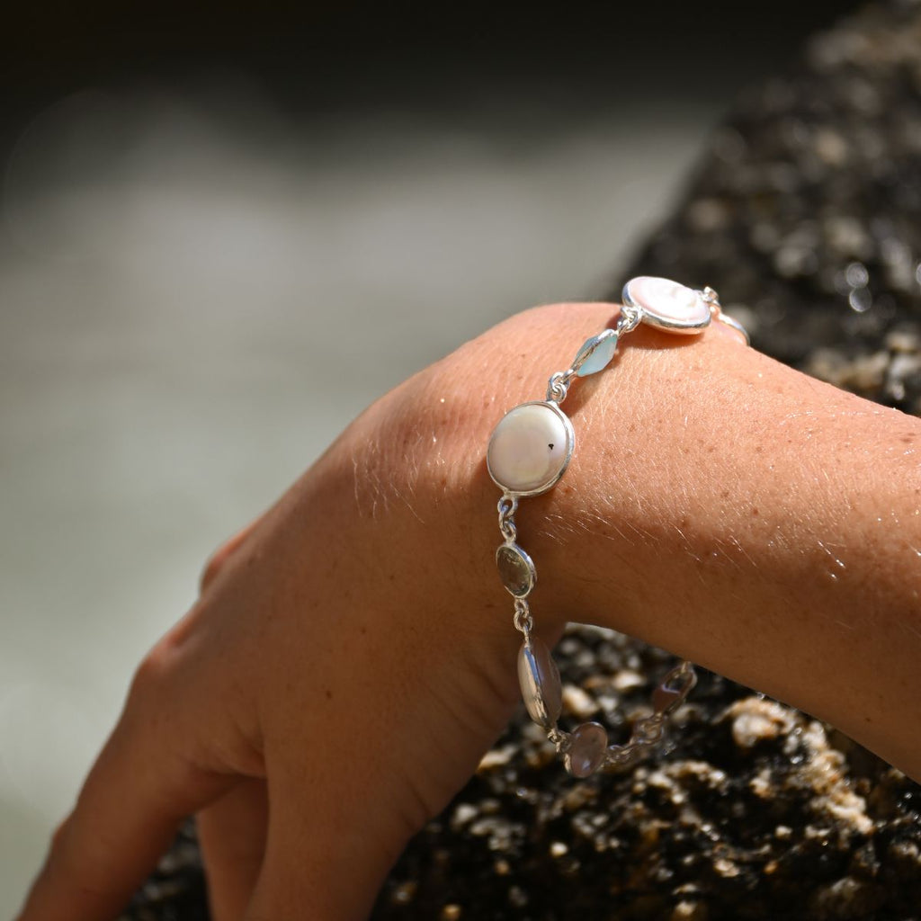 Coin pear bracelet with semi precious stones in between links