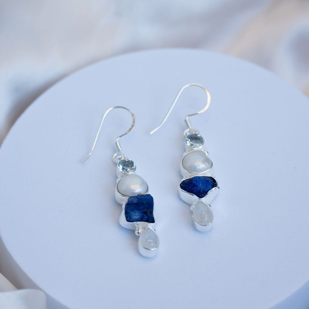 Statement earrings with freshwater pearls, Blue Topaz, Lapis Lazuli and Moonstone combination