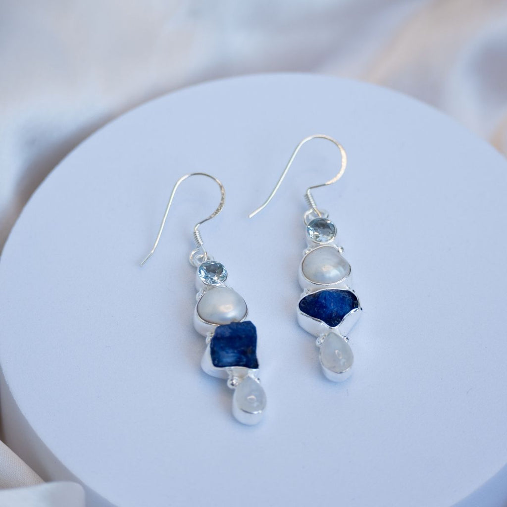 Statement earrings with freshwater pearls, Blue Topaz, Lapis Lazuli and Moonstone combination