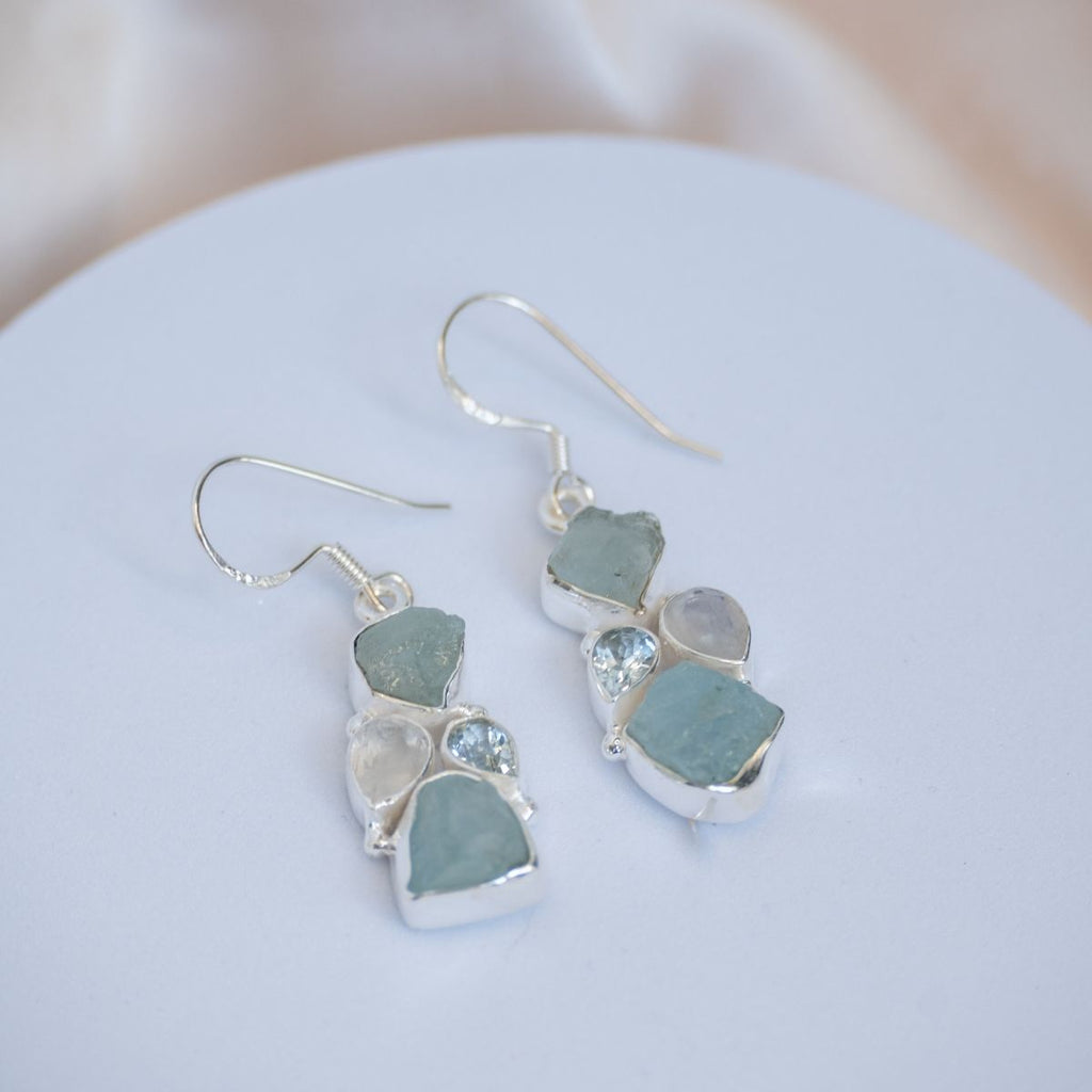 Rough Natural Aquamarine, Blue Topaz and moonstones combination earrings