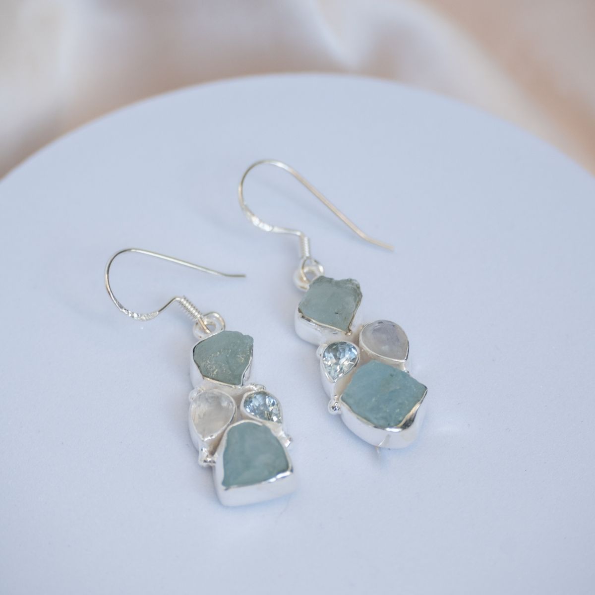 Rough Natural Aquamarine, Blue Topaz and moonstones combination earrings