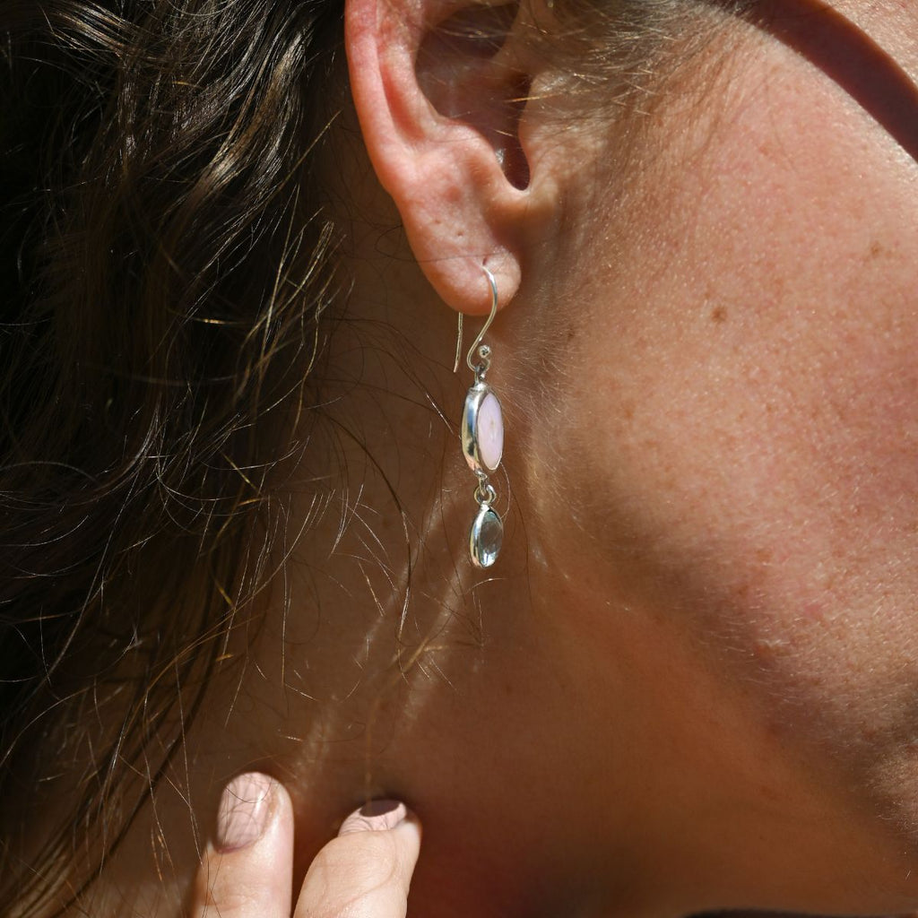 Coin pearl drop earrings with blue Topaz drop