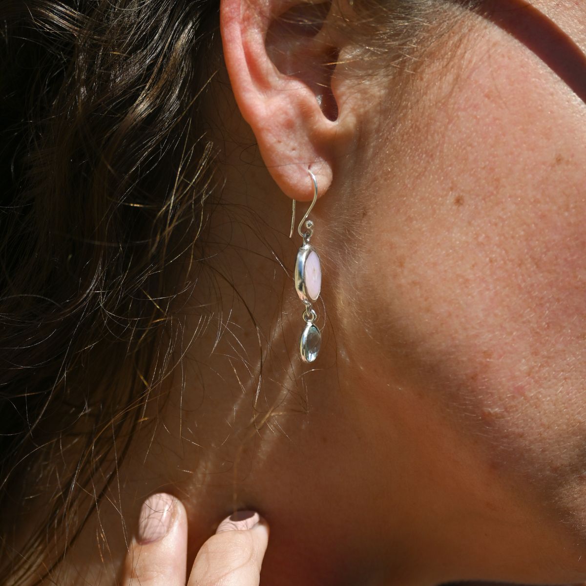 Coin pearl drop earrings with blue Topaz drop