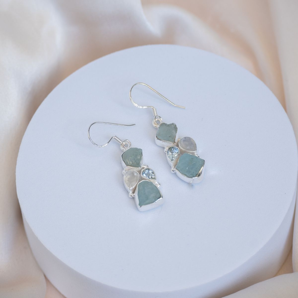 Rough Natural Aquamarine, Blue Topaz and moonstones combination earrings