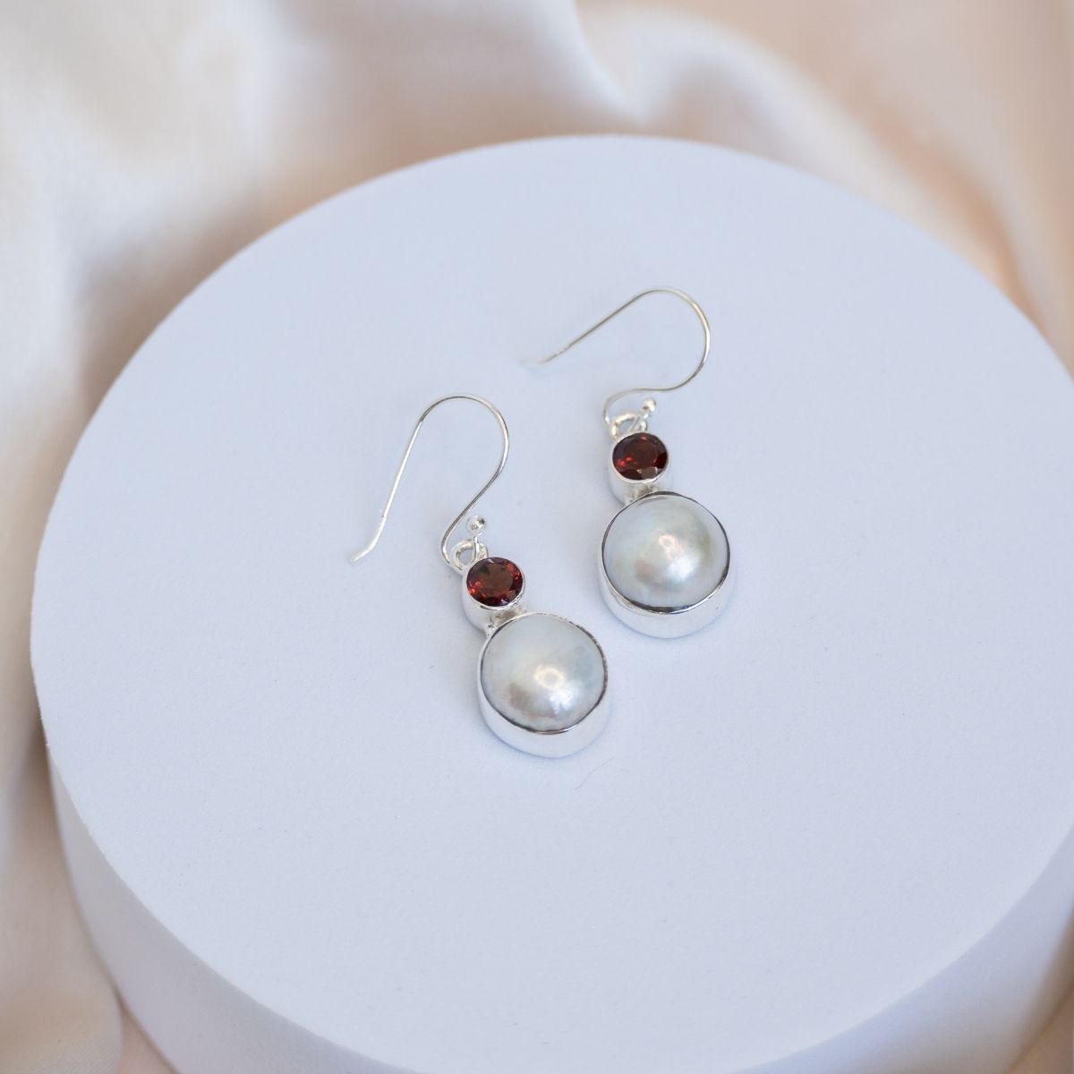Garnet and freshwater pearl drop earrings