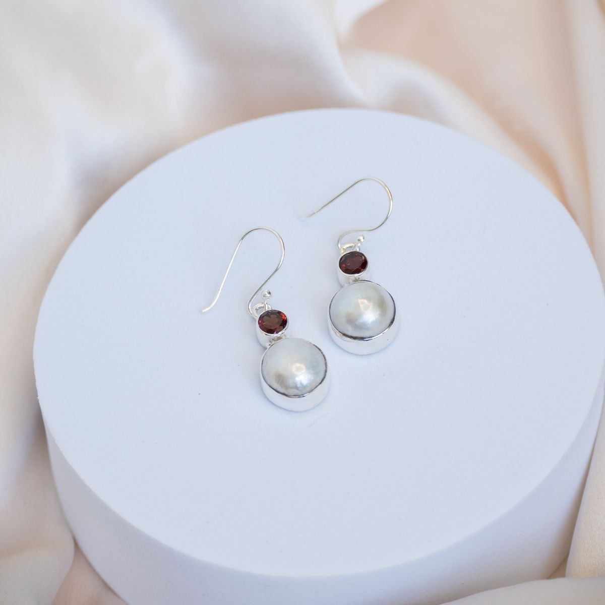 Garnet and freshwater pearl drop earrings