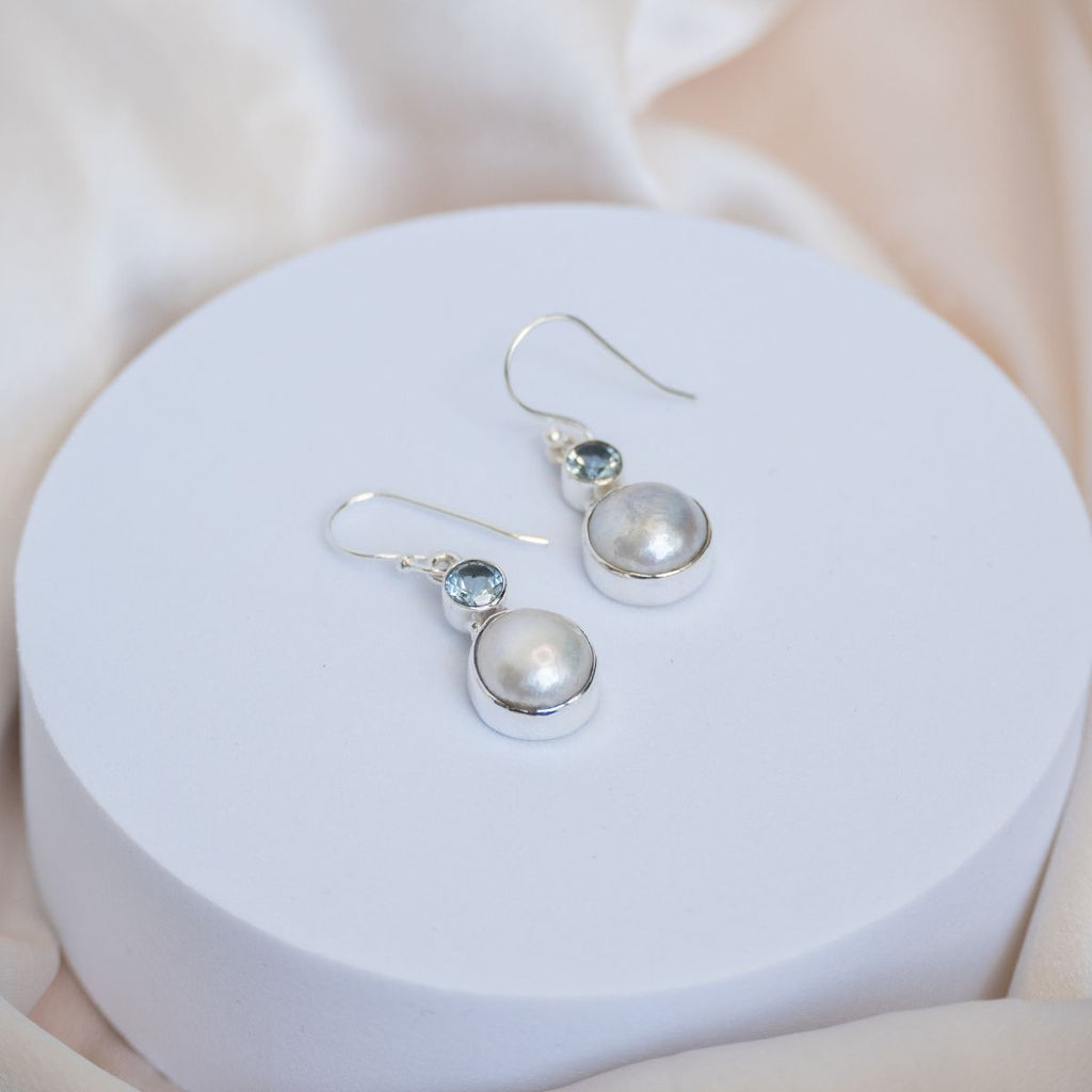 Blue Topaz and freshwater pearl drop mix earrings