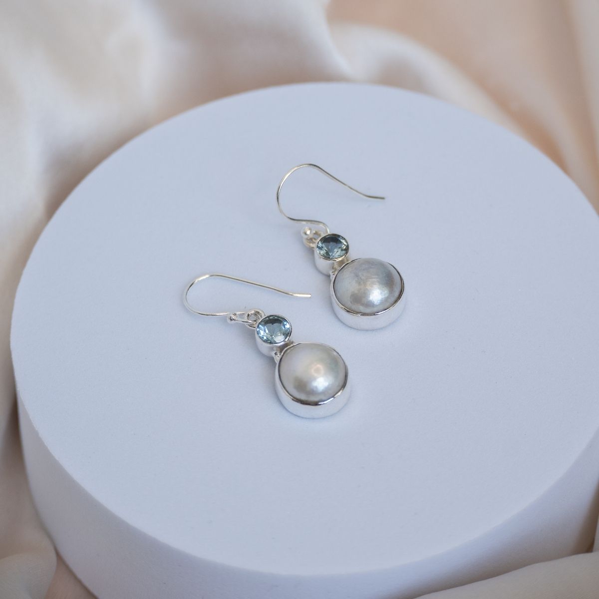 Blue Topaz and freshwater pearl drop mix earrings