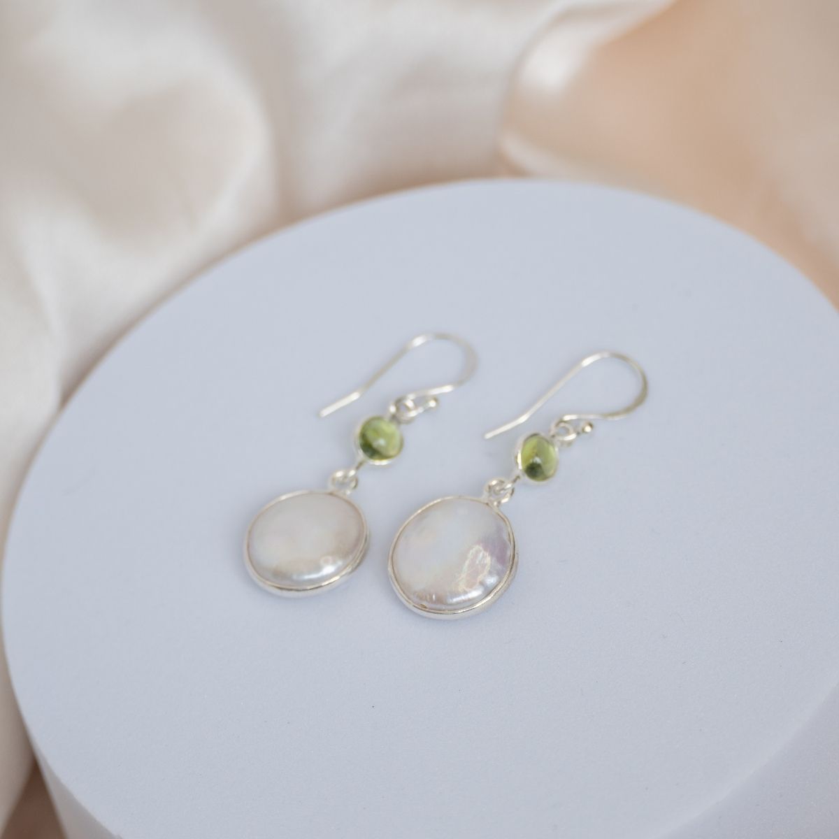 Drop earrings with coin pearl and Green Tourmaline semi precious stones